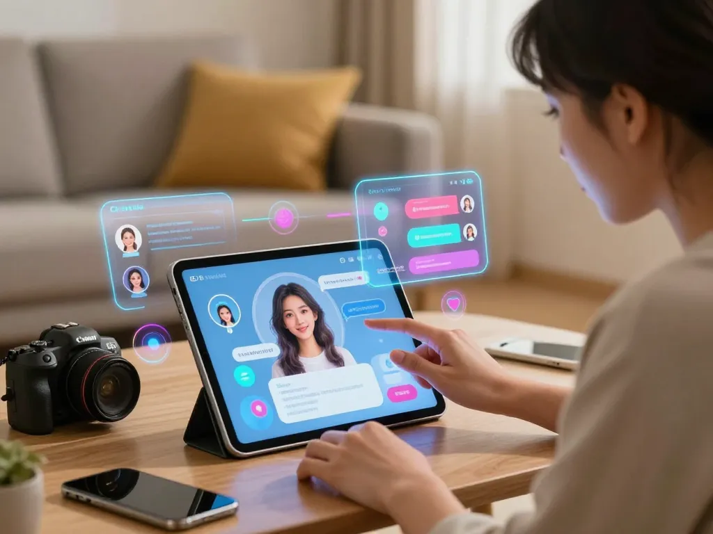 Interactive scene of a user chatting with an AI gf on a tablet, showcasing a cozy tech environment.