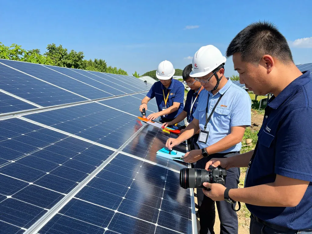 Inspection of high-efficiency solar modules showcasing garantía de módulos fotovoltaicos in a modern installation.