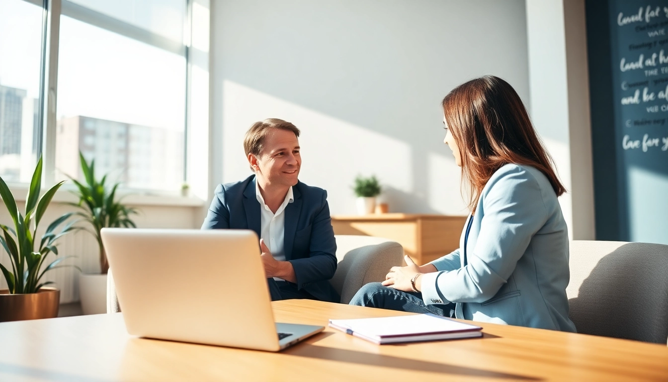 Engaging career coaching session between a coach and client in a professional setting.