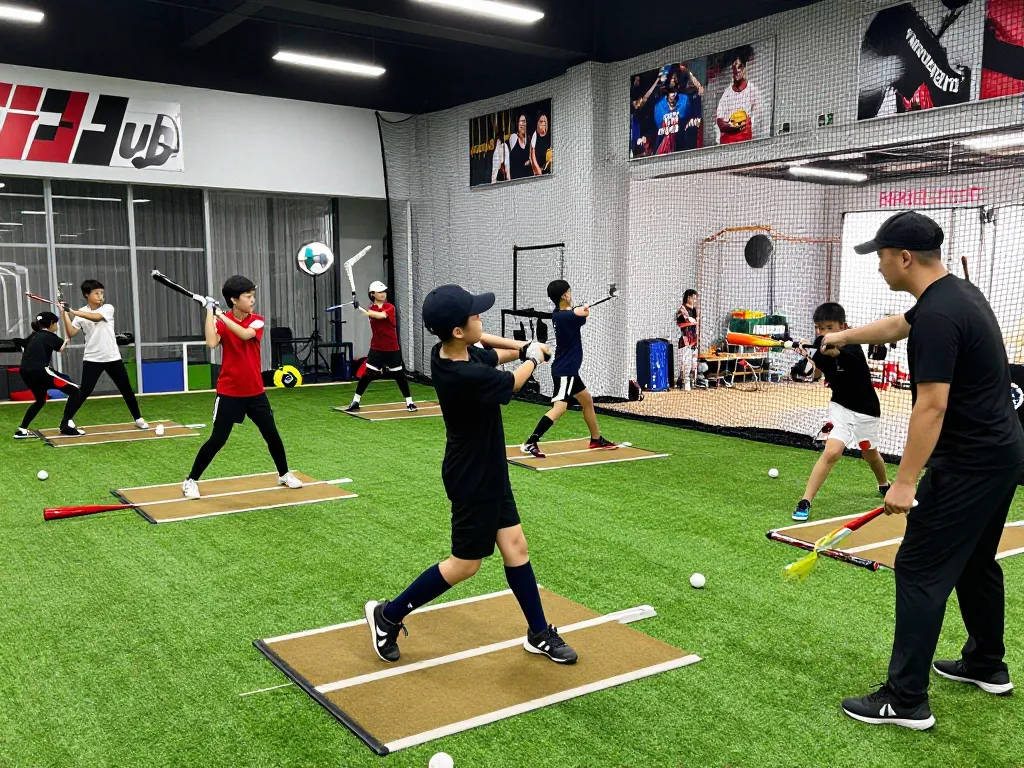 Hitclub training session with young athletes practicing baseball skills in vibrant indoor facility