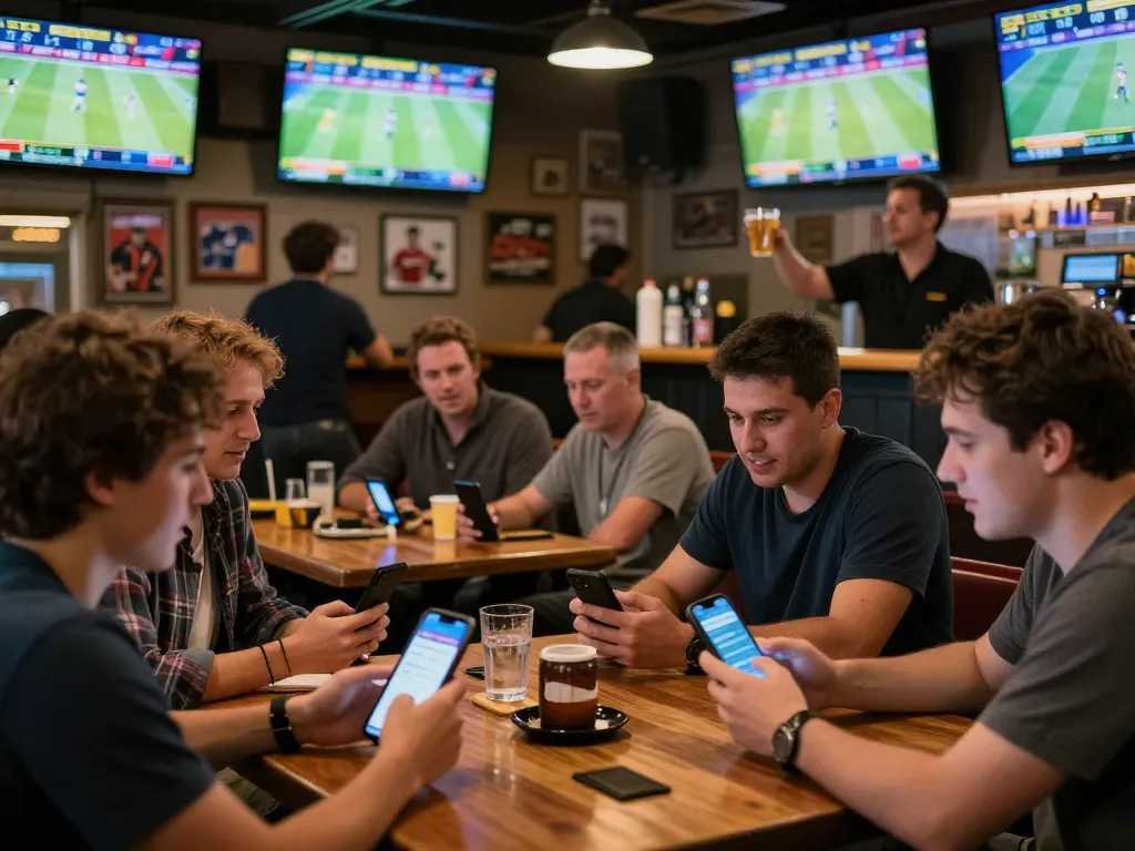 Situasi yang menarik dari taruhan olahraga saat pelanggan menggunakan aplikasi seluler di bar olahraga yang ramai, menangkap kegembiraan taruhan Mix Parlay.