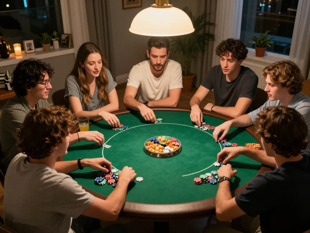 Friends enjoying a fun poker night showcasing strategic gameplay at home, featuring UU88 atmosphere.