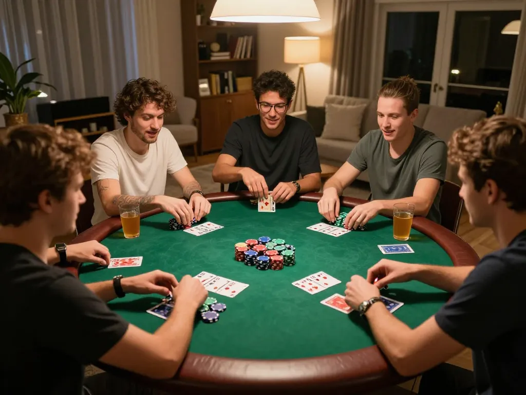 Friends playing poker with dewa6d strategies in a cozy living room setting, showcasing vibrant poker chips and cards.