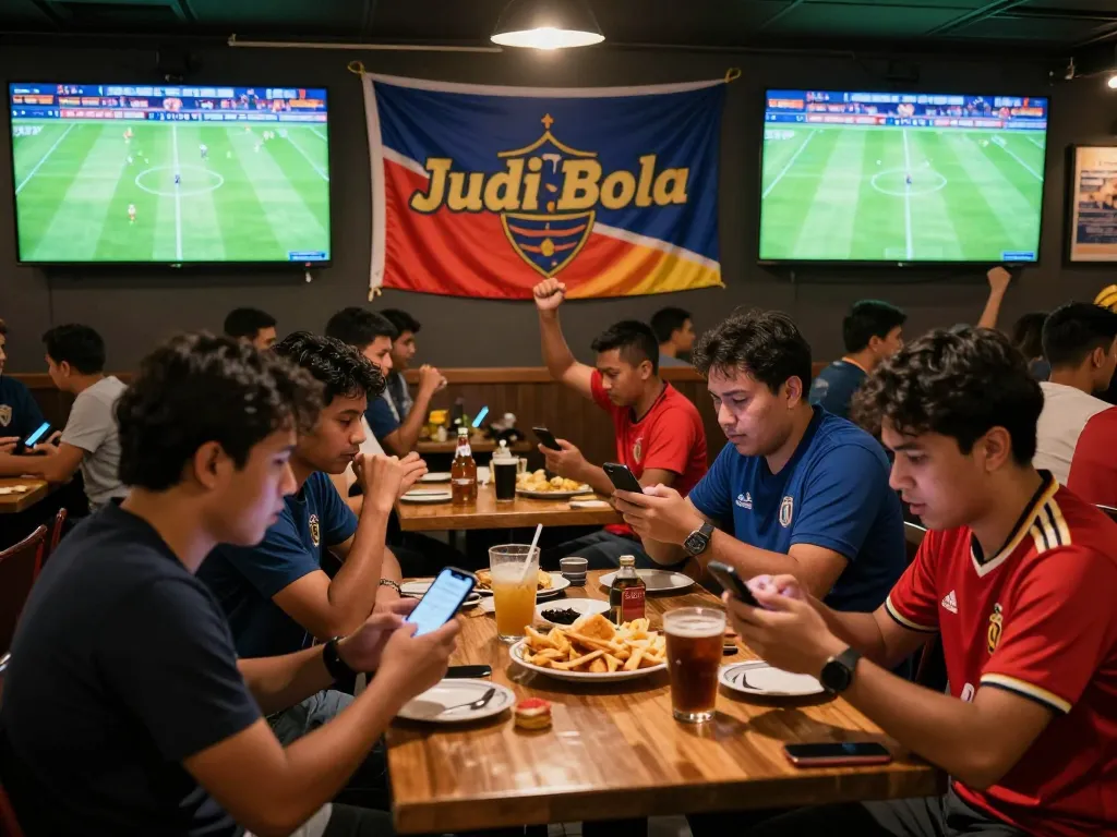 Fans enjoying Judi Bola betting at a lively sports bar during a football match.