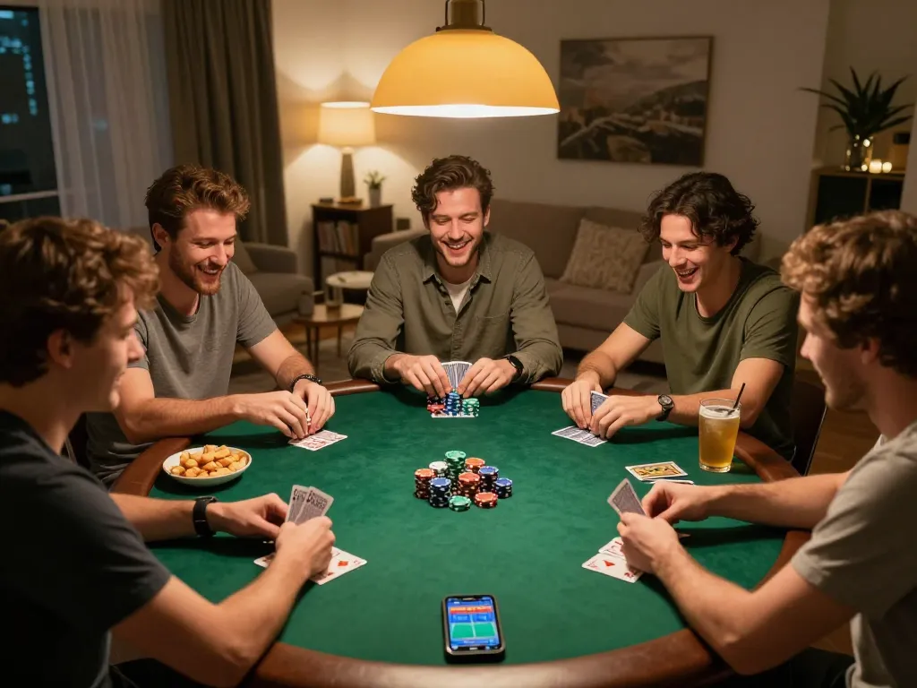 Teman-teman yang terlibat dalam malam poker yang meriah sambil mendiskusikan strategi dalam taruhan Judi Bola.