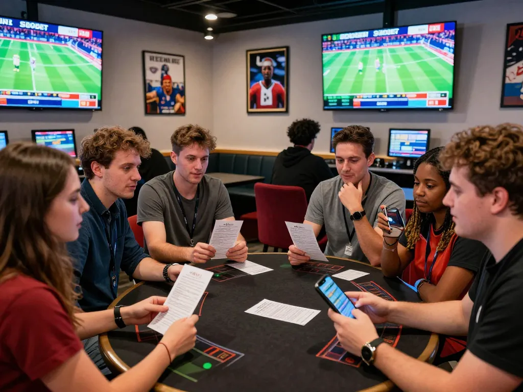 SBOBET sports betting lounge filled with excited friends placing bets.