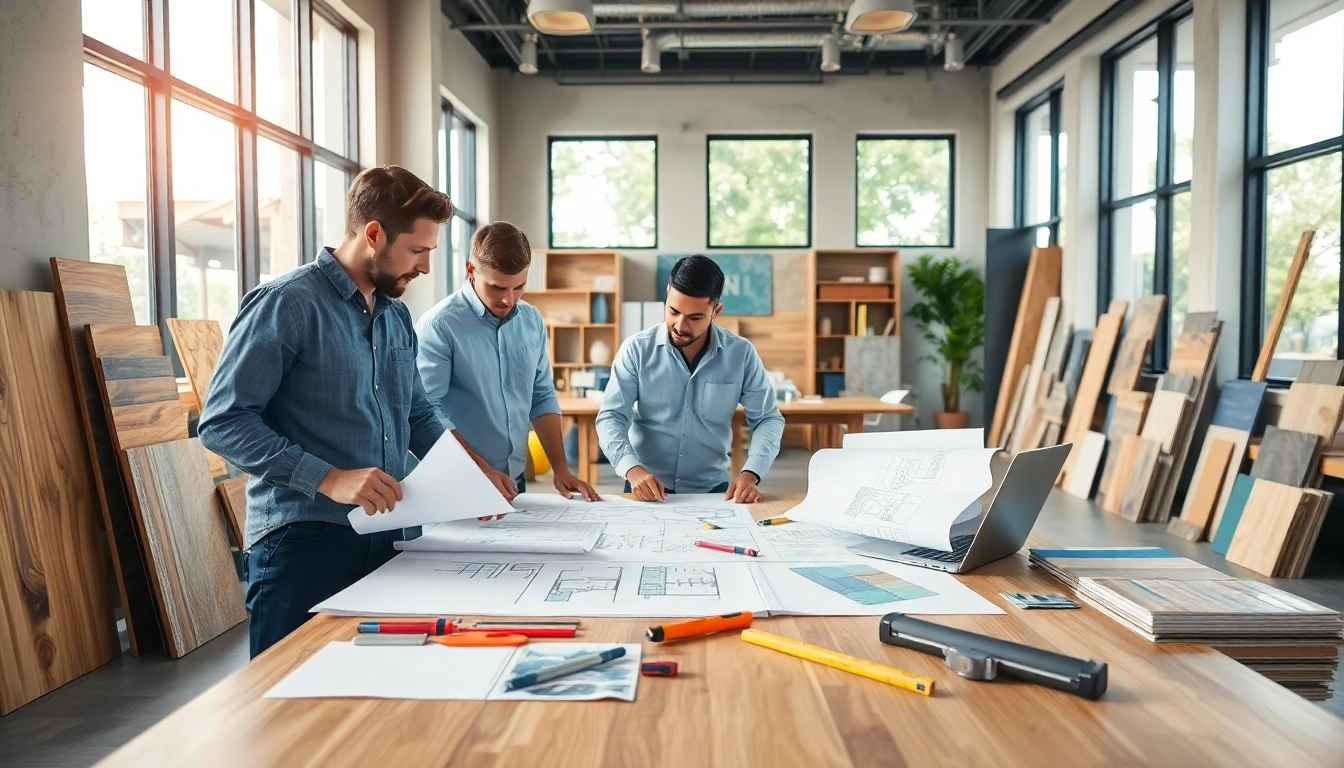 Restaurant buildout contractor Austin collaborating on plans with a team in a creative workspace.