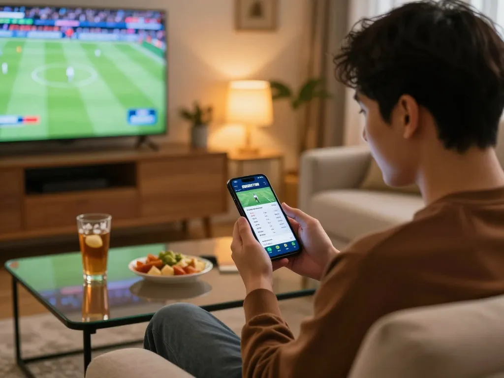 Pengguna SBOBET88 berinteraksi dengan aplikasi taruhan olahraga online di smartphone dalam suasana rumah yang nyaman.