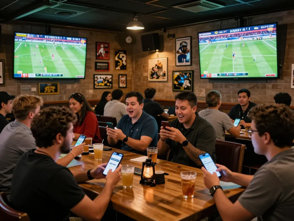 Fans engaging with CAKHIATV while enjoying live football matches in a lively sports bar setting.