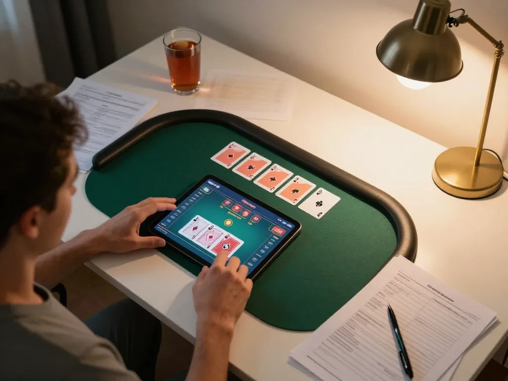 Player engaging in online poker at home using 88xeng tablet, surrounded by strategy notes and drinks