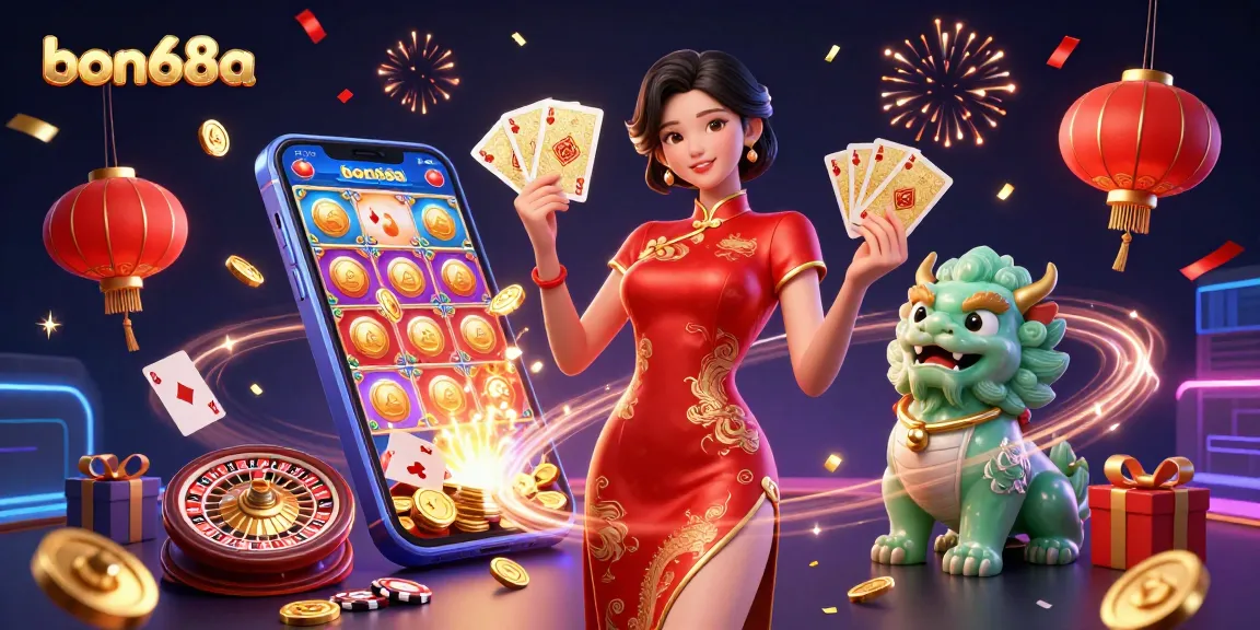 Win big with bon68a in this vibrant 3D illustration featuring a traditional casino atmosphere.