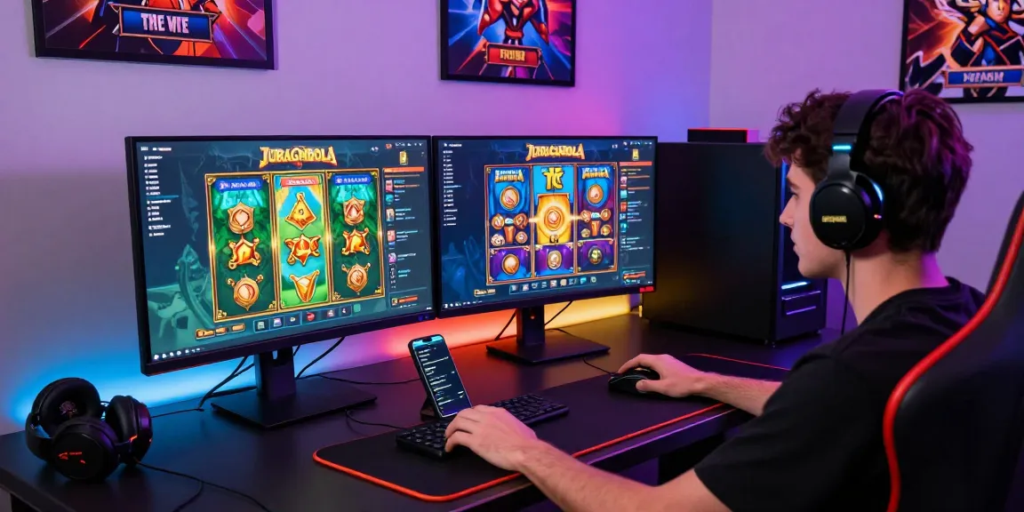 Engaging user playing on JURAGANBOLA with colorful slot games displayed on dual monitors and gaming accessories.