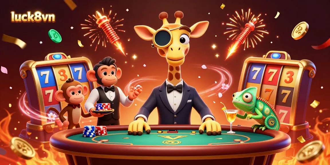 Engage in thrilling gameplay at luck8vn with a VIP giraffe, monkey valet, and cocktails in this vibrant casino scene.