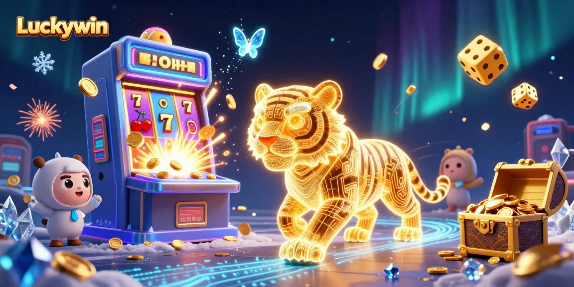 Engage with Luckywin's vibrant digital casino, featuring a neon tiger and a jackpot explosion.