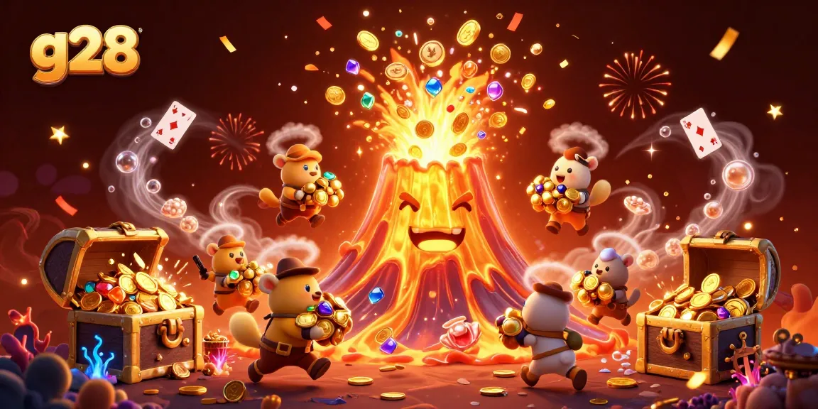 Experience the thrilling aura of g28 with vibrant treasures and a jubilant volcano in this dynamic casino scene.