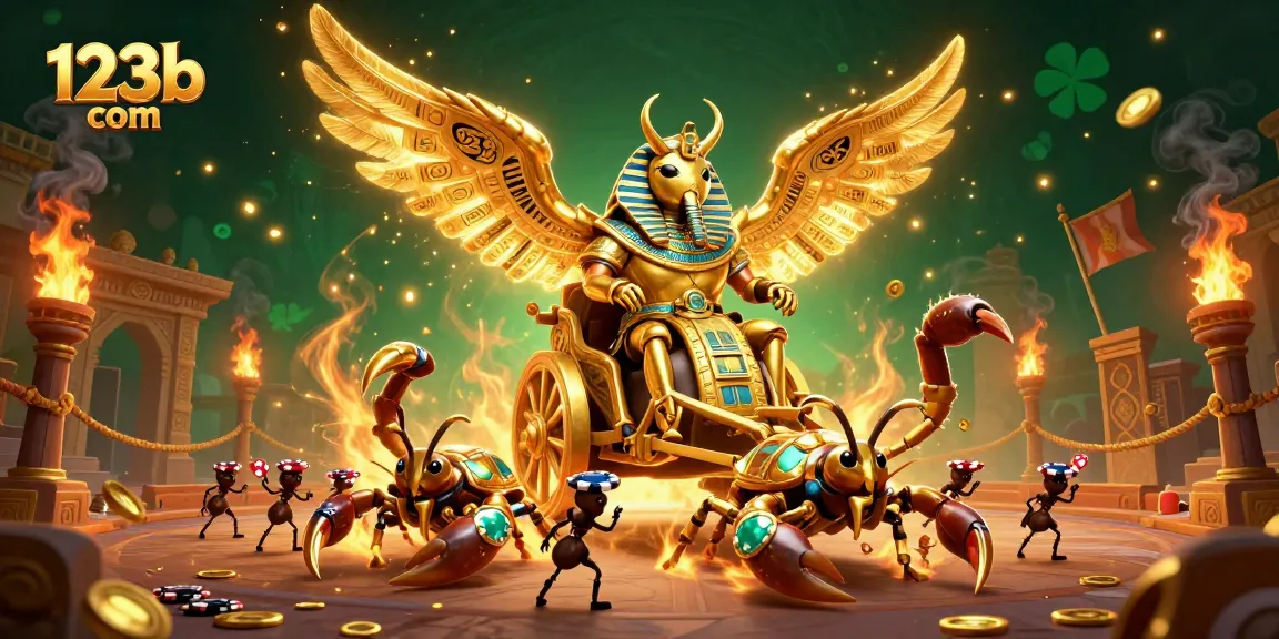 Engage with thrilling games at 123b com, featuring vibrant 3D art with golden scarab and gaming elements.