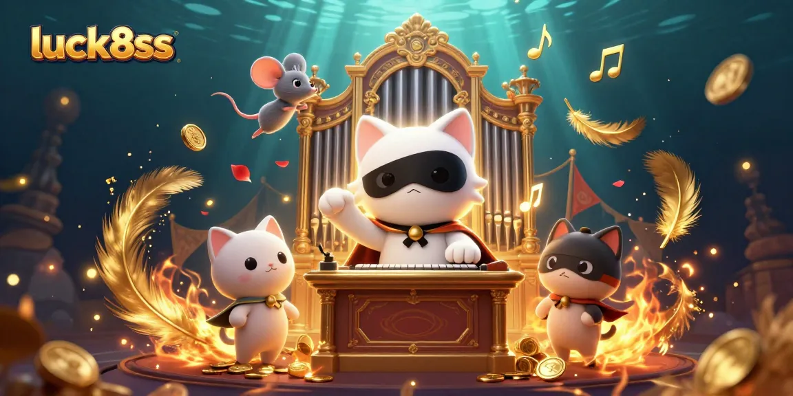 Engage with luck8ss in this vibrant casino scene featuring a whimsical cat and mouse acrobat.