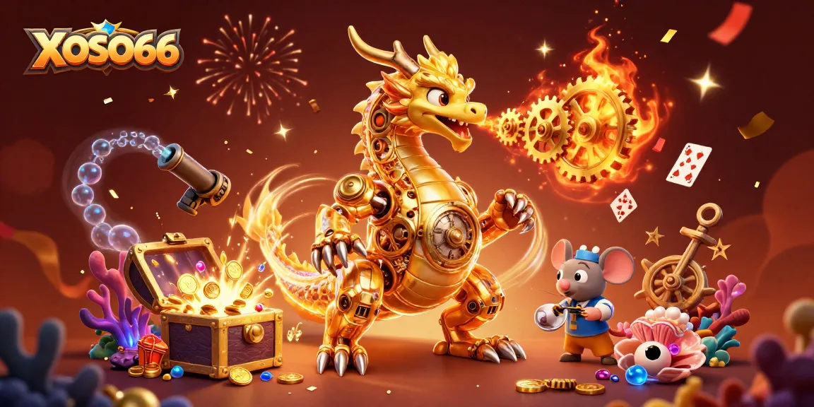 Experience the XOSO66 excitement with a golden dragon and treasure in this dynamic casino illustration.
