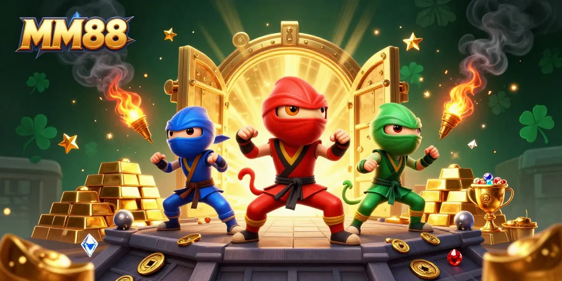 Engage in thrilling MM88 casino action with vibrant chameleon ninjas showcasing martial arts amidst golden treasures.