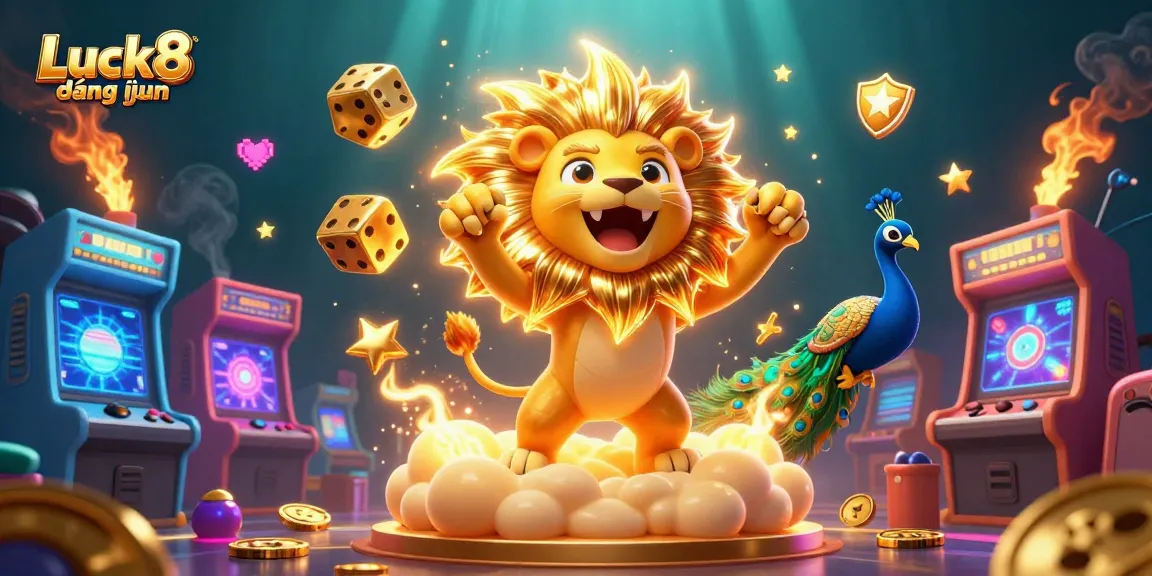 Experience the thrill with Luck8 đăng nhập as the sun lion roars amidst glowing game elements and vibrant casino symbols.