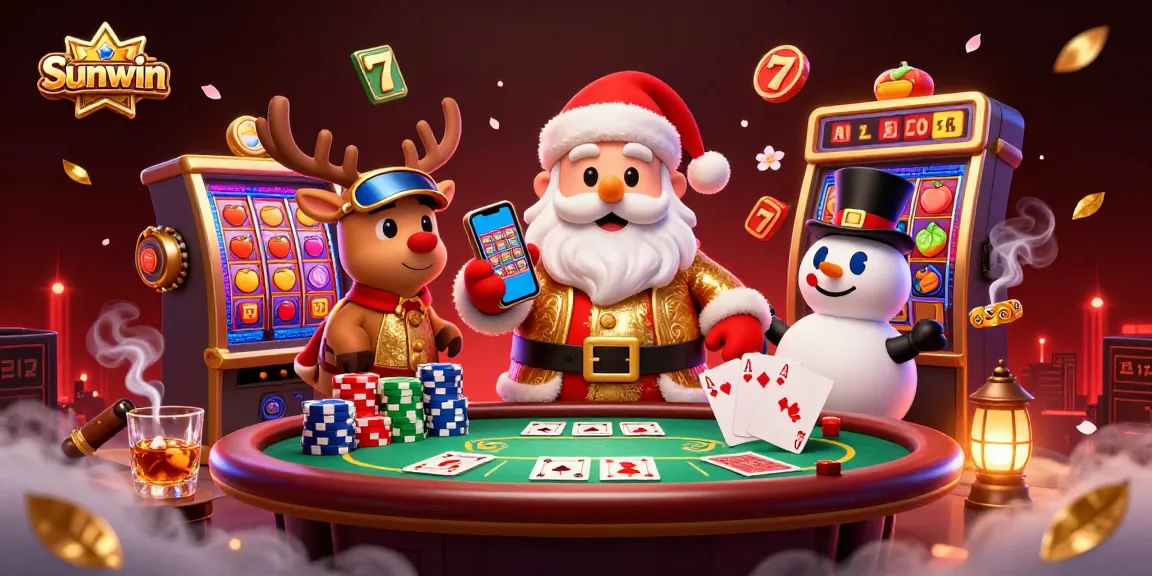 Experience thrilling gameplay with Sunwin's vibrant casino scene showcasing Santa and friends in a festive gambling atmosphere.