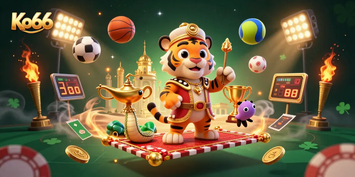 Ko66 sports betting adventure featuring a tiger sultan, magic lamp snake, and vibrant casino elements.