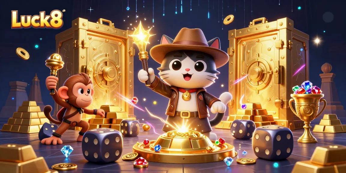 Experience thrilling gameplay at Luck8, featuring a cartoon archaeologist cat discovering golden treasures in a vibrant casino.