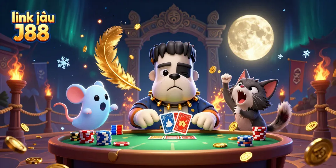 Engage with link vào J88 featuring a 3D cartoon Frankenstein bulldog monster at a spooky casino table.