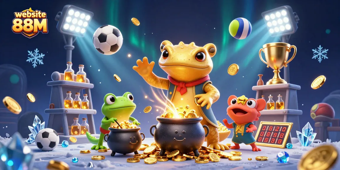 Engaging scene showcasing the website 88M as a vibrant online casino with lively game elements and golden prizes.