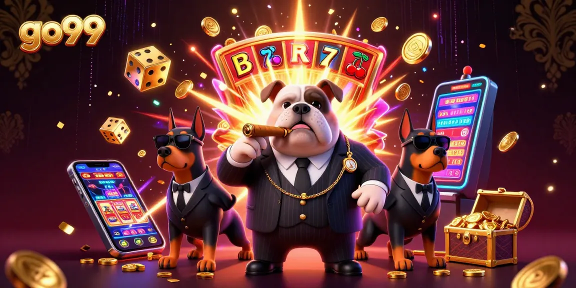 Experience exciting gaming with go99's dynamic casino scene featuring a mafia bulldog and his bodyguards.