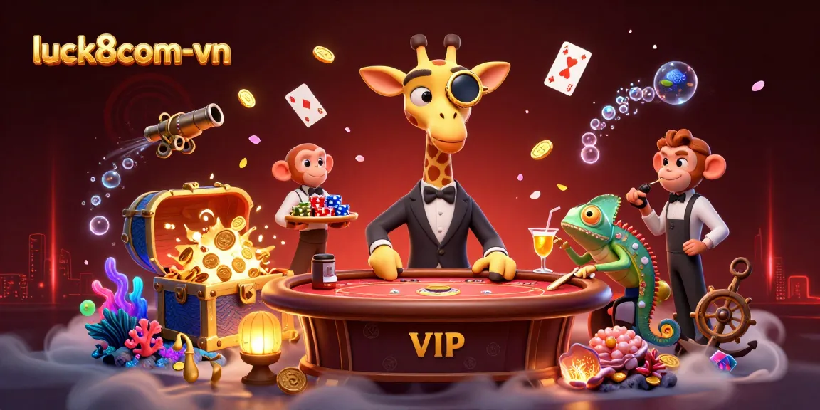 Engaging luck8com-vn scene with a high-roller giraffe and monkey valet at a vibrant casino table.