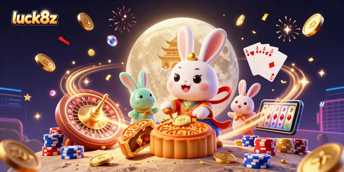 Experience exciting gaming action at luck8z with 3D characters amid celebrations, golden coins, and casino elements.