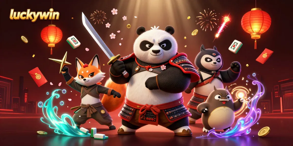 Experience exciting gameplay at luckywin with a vibrant scene featuring a samurai panda, ninja fox, and magical tanuki.