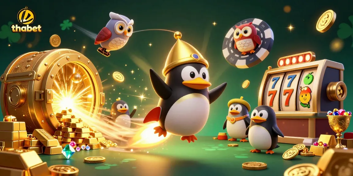 Experience thrilling games with thabet featuring a golden penguin and vibrant casino elements.