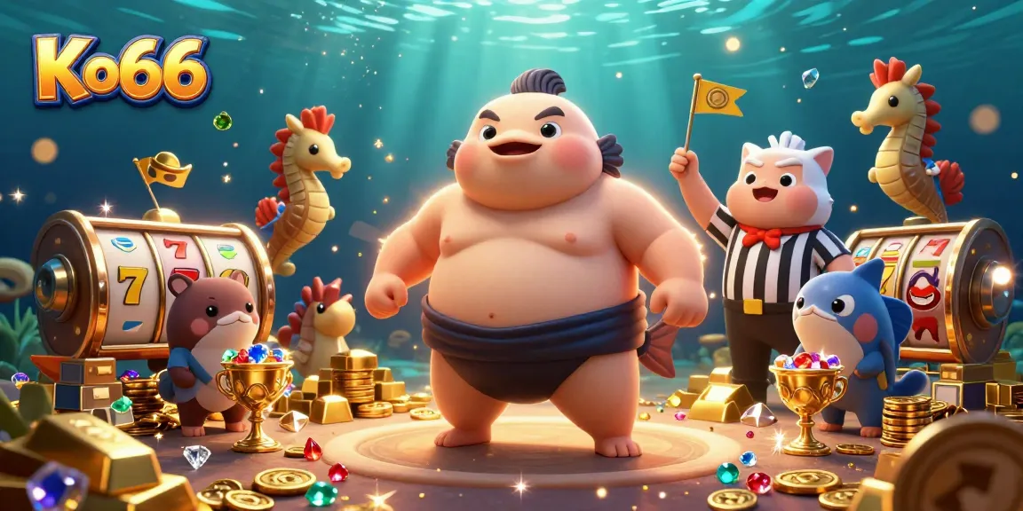 Players engage with thrilling slots at Ko66, featuring vibrant characters and gold treasures.