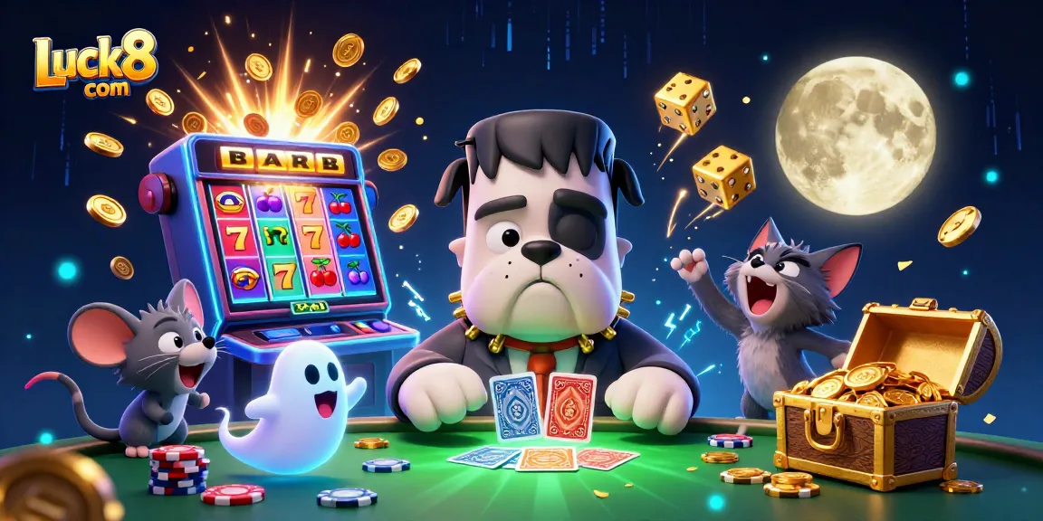 Experience the thrilling action of Luck8 com with a 3D cartoon scene at a haunted casino table featuring unique characters.