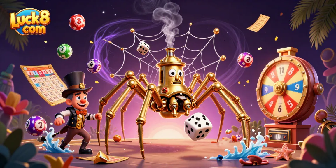 Engage luck at Luck8 com with dice caught in a web of golden chains amidst a bustling casino scene.